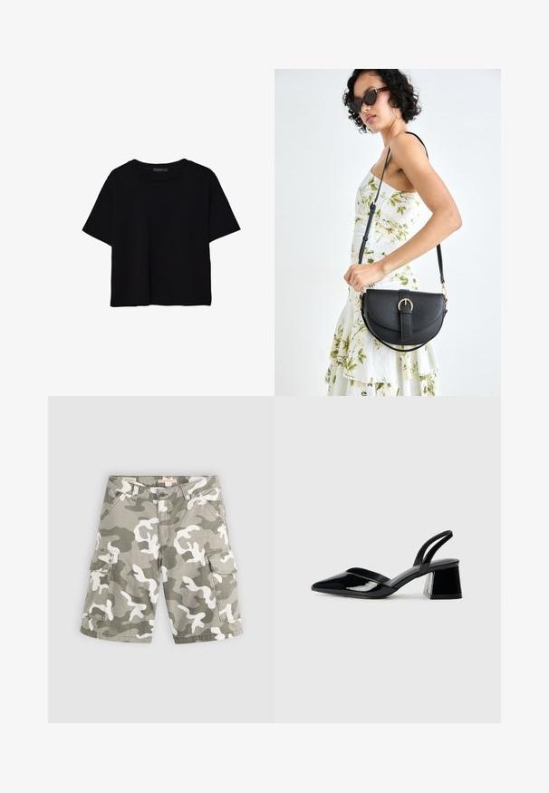 Črna kratkotrajna majica brez rokavov iz bombaža. Ima okroglo ovratnico in sproščen kroj z gladko, enostavno teksturo. Brez vidnih vzorcev ali dodatkov.; Levi's® BAGGY DAD CARGO SHORT - Kratke hlače iz džinsa - bader camo agate gray; Črne lakirane slingback pete s koničastim nosom in geometrijsko blokasto peto. Imajo eleganten, minimalističen dizajn in gladko teksturo.; Črna usnjena torbica s ukrivljeno obliko, z odstranljivo naramnico in zlatimi dodatki. Torbica ima pokrov s podrobnostmi v obliki zaponke.