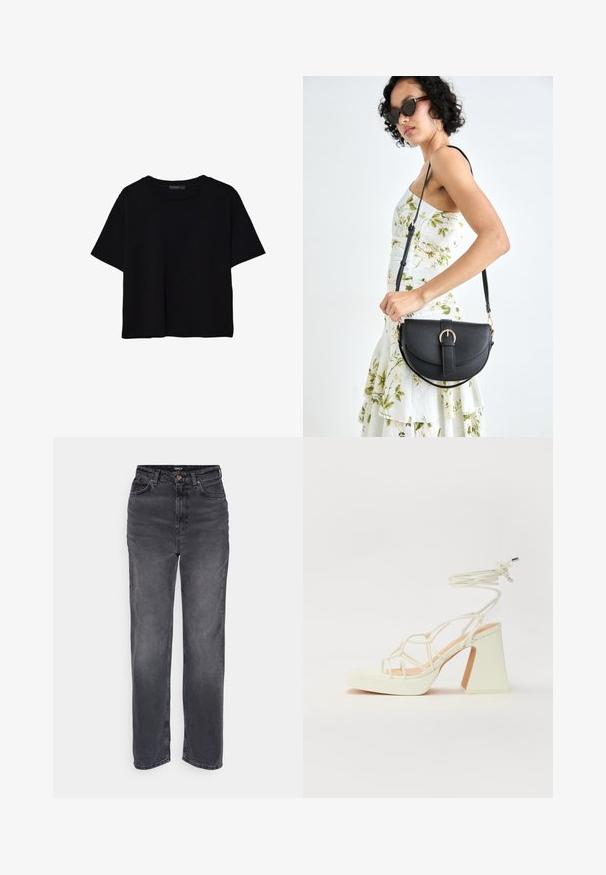 Crna majica kratkih rukava od pamuka. Ima okrugli izrez i labav kroj s glatkom, jednoličnom teksturom. Nema vidljivih uzoraka ili akcenta.; High-waisted, ravne traperice u tamnosivom denimu. Imaju zatvaranje na dugme i klasičan dizajn s pet džepova uz blago izbjeljivanje.; Bijela sandala na visokoj potpetici s debelim petom, s remenom i vezanjem oko gležnja. Glatka tekstura s platformom sprijeda za dodatnu visinu.; Crna kožna torba s lukovitim oblikom, odvojivim remenom i zlatnim detaljima. Torba ima preklop s kopčom.