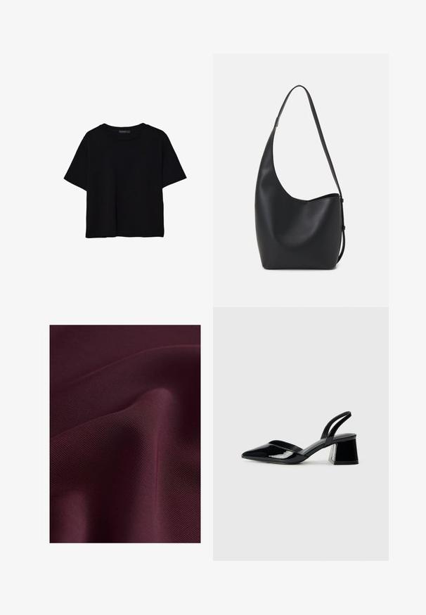Černé tričko s krátkým rukávem vyrobené z bavlny. Má kulatý výstřih a volný střih s hladkým, jednobarevným povrchem. Bez viditelných vzorů nebo akcentů.; Next ELASTICATED BACK WIDE REGULAR FIT - Kalhoty - burgundy red; Černé lakované kožené lodičky na pásku s špičatou špičkou a geometrickým blokovým podpatkem. Vyznačují se elegantním, minimalistickým designem a hladkým povrchem.; Černá kožená hobo taška s hladkým povrchem, zakřiveným tvarem a jedním nastavitelným popruhem; má široké otevírání nahoře.