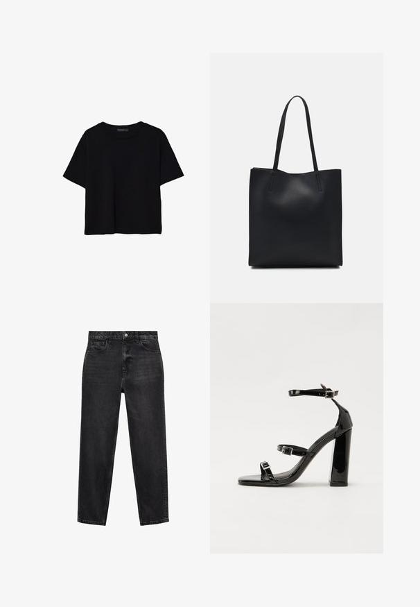 Čierne tričko s krátkym rukávom vyrobené z bavlny. Má okrúhly výstrih a voľný strih s hladkou, jednofarebnou textúrou. Žiadne viditeľné vzory ani akcenty.; Čierne rifle zo svetri s rovnými nohavicami, dizajnom s piatimi vreckami a kovový úchyt na zapínanie. Majú jemnú vyblednutú štruktúru.; Čierne lakované sandále na podpätku so štvorcovou špičkou, navlečenými remienkami okolo členku a striebornými prackami. Disponujú masívnym blokovým podpätkom pre stabilitu.; Čierna kožená taška na rameno s hladkým povrchom, obdĺžnikovým tvarom a dvoma dlhými uchami. Bez viditeľného kovania alebo ozdôb.
