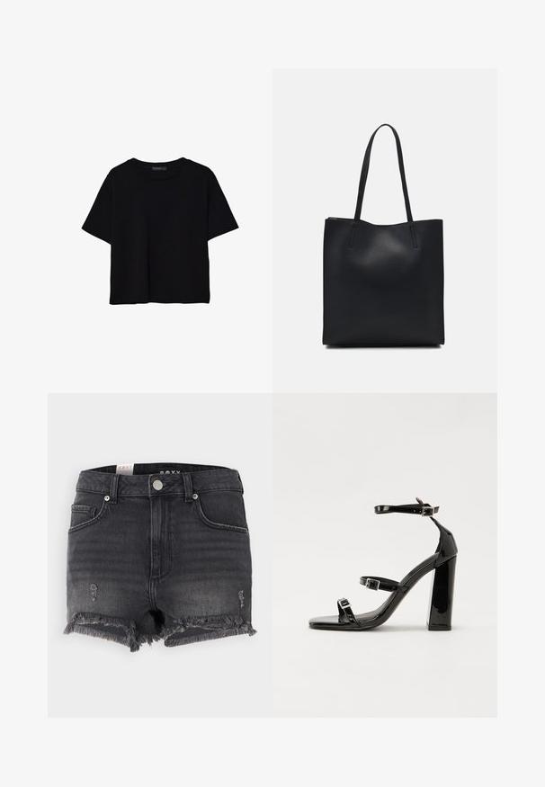 Černé tričko s krátkým rukávem vyrobené z bavlny. Má kulatý výstřih a volný střih s hladkým, jednobarevným povrchem. Bez viditelných vzorů nebo akcentů.; Černé džíny šortky s třepeným lemem, odřenými detaily a kovovým zapínáním. Vyznačují se klasickým designem a pětipocket stylem.; Černé lakované sandály na podpatku se čtveratou špičkou, lýtkovými pásky a stříbrnými přezkami. Disponují masivním blokovým podpatkem pro stabilitu.; Černá kožená taška přes rameno s hladkým povrchem, obdélníkovým tvarem a dvěma dlouhými uchy. Žádné viditelné kování ani ozdoby.