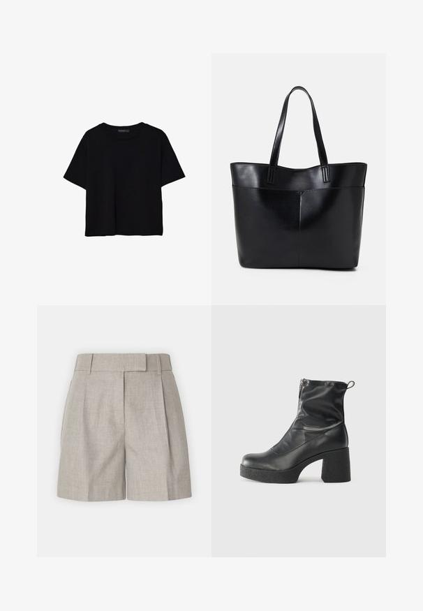 Črna kratkotrajna majica brez rokavov iz bombaža. Ima okroglo ovratnico in sproščen kroj z gladko, enostavno teksturo. Brez vidnih vzorcev ali dodatkov.; Svetlo sivi šortsi s strukturiranim pojasom, nabranimi detajli in sproščenim krojem, izdelani iz gladkega lanenega materiala. Preprost in vsestranski dizajn.; Črne gležnjarje iz gladke kože z božnim zadrgo, masivnim teksturiranim peto in zaobljeno obliko prstov.; Črna usnjena torba z dvema dolgima ročajema, gladko teksturo in strukturirano obliko. Ima sprednji žep za dodatno shranjevanje.