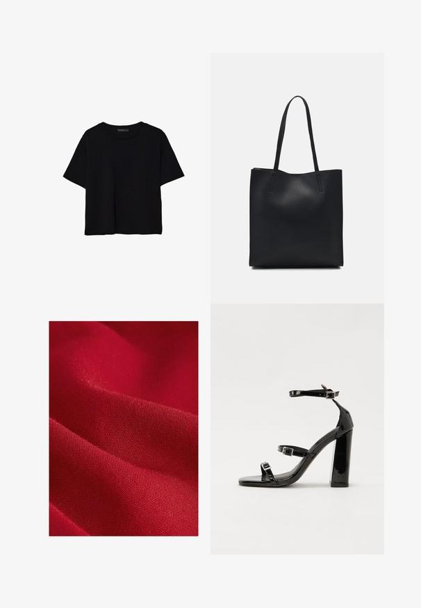 Černé tričko s krátkým rukávem vyrobené z bavlny. Má kulatý výstřih a volný střih s hladkým, jednobarevným povrchem. Bez viditelných vzorů nebo akcentů.; Červená látka s hladkou texturou, která se vyznačuje jemným tkaním a mírným leskem, vykazuje jemné záhyby a kontury.; Černé lakované sandály na podpatku se čtveratou špičkou, lýtkovými pásky a stříbrnými přezkami. Disponují masivním blokovým podpatkem pro stabilitu.; Černá kožená taška přes rameno s hladkým povrchem, obdélníkovým tvarem a dvěma dlouhými uchy. Žádné viditelné kování ani ozdoby.