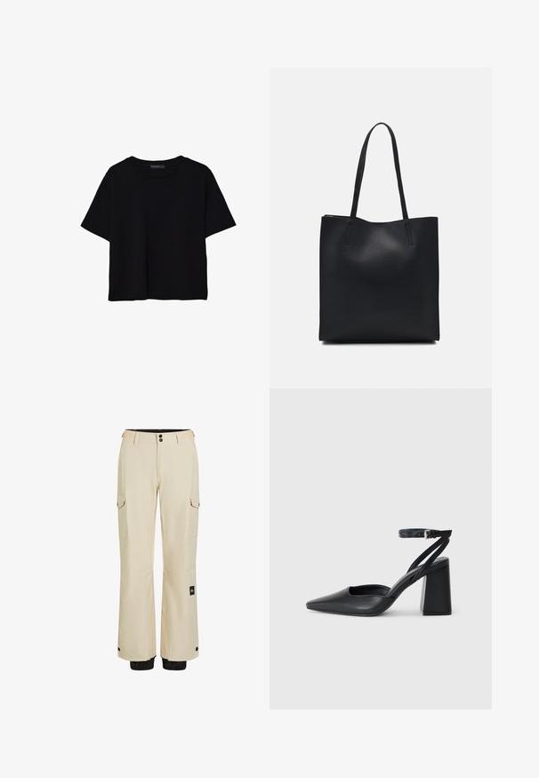Črna kratkotrajna majica brez rokavov iz bombaža. Ima okroglo ovratnico in sproščen kroj z gladko, enostavno teksturo. Brez vidnih vzorcev ali dodatkov.; Bež hlače s krojem cargo z ravnim rezom, dvema stranskima žepoma in črnim detajlom na robu. Narejene iz lahkega materiala z gladko teksturo.; Črne usnjene klasične čevlje z ostrim nosom, z zaponko za gleženj in debelim peto. Ravna tekstura, eleganten dizajn in minimalistična estetika.; Črna usnjena torba s svilnato teksturo, pravokotne oblike in dvema dolgima ročajema. Brez vidnih metalnih delov ali okrasnih elementov.