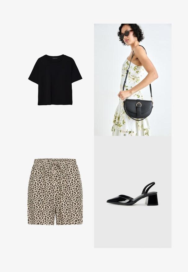 Crna majica kratkih rukava od pamuka. Ima okrugli izrez i labav kroj s glatkom, jednoličnom teksturom. Nema vidljivih uzoraka ili akcenta.; Bermude s leopard uzorkom u bež boji s crnim i smeškim mrljama. Imaju elastičnu sredinu s vezicom za podešavanje. Lagani materijal.; Crne lakirane kožne sandale s otvorenom petom i špicastim vrhom, s geometrijskom blok petom. Imaju elegantan, minimalistički dizajn i glatku teksturu.; Crna kožna torba s lukovitim oblikom, odvojivim remenom i zlatnim detaljima. Torba ima preklop s kopčom.