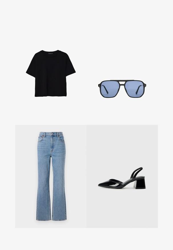 Črna kratkotrajna majica brez rokavov iz bombaža. Ima okroglo ovratnico in sproščen kroj z gladko, enostavno teksturo. Brez vidnih vzorcev ali dodatkov.; Abercrombie & Fitch FRONT TO BACK TONAL STRAIGHT - Široke kavbojke - blue denim; Črne lakirane slingback pete s koničastim nosom in geometrijsko blokasto peto. Imajo eleganten, minimalističen dizajn in gladko teksturo.; Stradivarius RETRO - Sončna očala - light blue