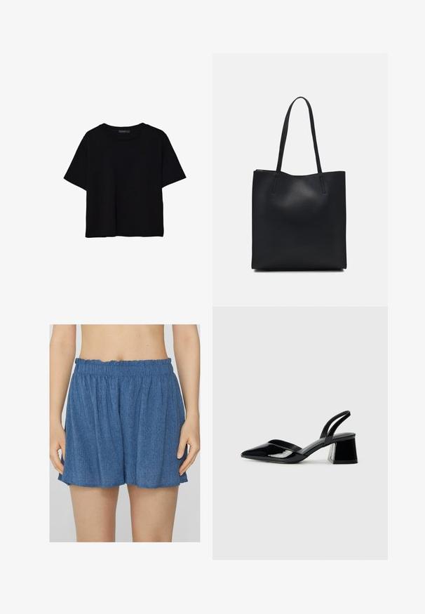 Černé tričko s krátkým rukávem vyrobené z bavlny. Má kulatý výstřih a volný střih s hladkým, jednobarevným povrchem. Bez viditelných vzorů nebo akcentů.; Modré džínové šortky s elastickým páskem, volného střihu s nařasenou texturou. Tkanina má jemný melírovaný vzor.; Černé lakované kožené lodičky na pásku s špičatou špičkou a geometrickým blokovým podpatkem. Vyznačují se elegantním, minimalistickým designem a hladkým povrchem.; Černá kožená taška přes rameno s hladkým povrchem, obdélníkovým tvarem a dvěma dlouhými uchy. Žádné viditelné kování ani ozdoby.
