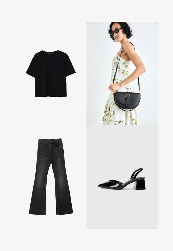 Črna kratkotrajna majica brez rokavov iz bombaža. Ima okroglo ovratnico in sproščen kroj z gladko, enostavno teksturo. Brez vidnih vzorcev ali dodatkov.; Črne flare jeans iz denima s surovim robom, z zasnovo petih žepov in gumbom za zapiranje. Narejeni iz trdnega, teksturiranega blaga.; Črne lakirane slingback pete s koničastim nosom in geometrijsko blokasto peto. Imajo eleganten, minimalističen dizajn in gladko teksturo.; Črna usnjena torbica s ukrivljeno obliko, z odstranljivo naramnico in zlatimi dodatki. Torbica ima pokrov s podrobnostmi v obliki zaponke.
