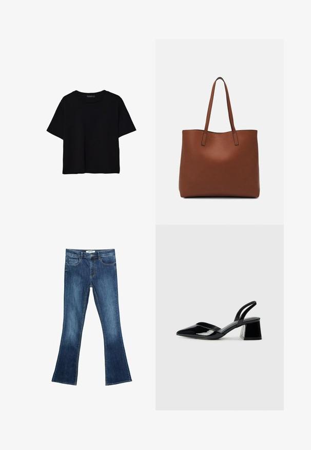 Mustat lyhyet hihavat t-paidat, jotka on valmistettu puuvillasta. Ominaisuuksiin kuuluu pyöreä kaula-aukko ja löysä istuvuus sekä sileä, yksinkertainen pinta. Ei näkyviä kuvioita tai koristeita.; Farkut, joissa on liehukkeet, keskipestynyt sininen. Ominaisuuksina etutaskut, vyölenkit ja tavanomainen vyötärö. Erittäin näkyviä kontrastitikkauksia läpi.; Mustat patentoitu nahkakengät, joissa on säären takaosa ja terävä kärki, sekä geometrinen palikkakorko. Sisältää tyylikkään, minimalistisen muotoilun ja sileän pinnan.; Ruskea nahkainen olkalaukku, jossa on sileä pinta, avoin yläosa ja kaksi olkahihnaa. Omaavat vain minimaalisen ompelun eikä näkyvää metalliosaa.