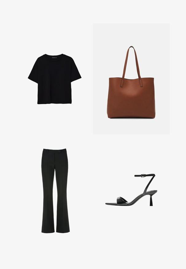 Crna majica kratkih rukava od pamuka. Ima okrugli izrez i labav kroj s glatkom, jednoličnom teksturom. Nema vidljivih uzoraka ili akcenta.; Crne hlače s dizajnom proširenih nogavica, izrađene od glatkog materijala, s prednjim zatvaranjem na gumb i suptilnim detaljima šivenog pregiba.; Bershka Sandale s visokom petom - black; Smeđa kožna torba preko ramena s glatkom teksturom, otvorenim vrhom i dvjema naramenicama. Ima minimalne šavove i nema vidljivog hardvera.