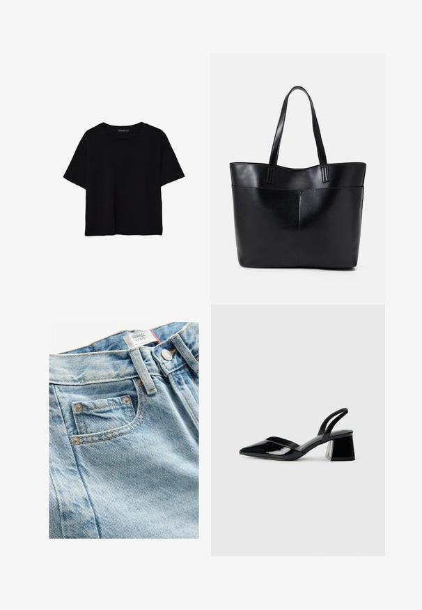 Črna kratkotrajna majica brez rokavov iz bombaža. Ima okroglo ovratnico in sproščen kroj z gladko, enostavno teksturo. Brez vidnih vzorcev ali dodatkov.; Svijetloplavi traper jeans srednje visine s prednjim džepom, kontrastnim šavovima i metalnim detaljima. Tkanina ima suptilan teksturirani uzorak.; Črne lakirane slingback pete s koničastim nosom in geometrijsko blokasto peto. Imajo eleganten, minimalističen dizajn in gladko teksturo.; Črna usnjena torba z dvema dolgima ročajema, gladko teksturo in strukturirano obliko. Ima sprednji žep za dodatno shranjevanje.
