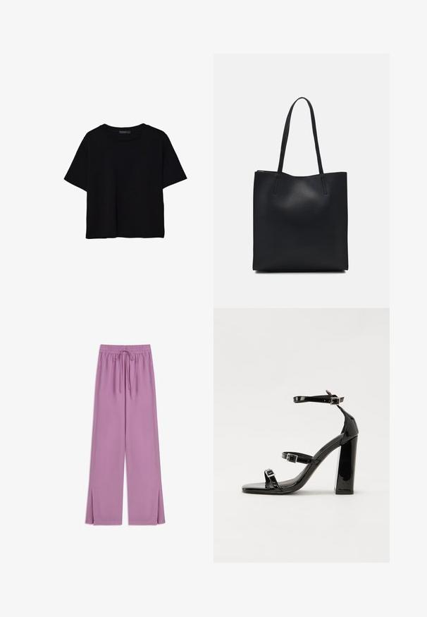 Czarna koszulka z krótkim rękawem wykonana z bawełny. Posiada okrągły dekolt i luźny krój z gładką, jednolitą teksturą. Brak widocznych wzorów lub akcentów.; Jasnofioletowe, szerokie spodnie wykonane z miękkiego materiału, z elastycznym paskiem w talii i sznurkiem; posiadają boczne rozcięcia u dołu.; Czarne lakierowane sandały na obcasie z kwadratowym noskiem, z paskami wokół kostki i srebrnymi klamrami. Posiadają masywny słupek dla stabilności.; Czarna skórzana torba tote o gładkiej fakturze, prostokątnym kształcie i dwóch długich uchwytach. Brak widocznych elementów metalowych i ozdób.