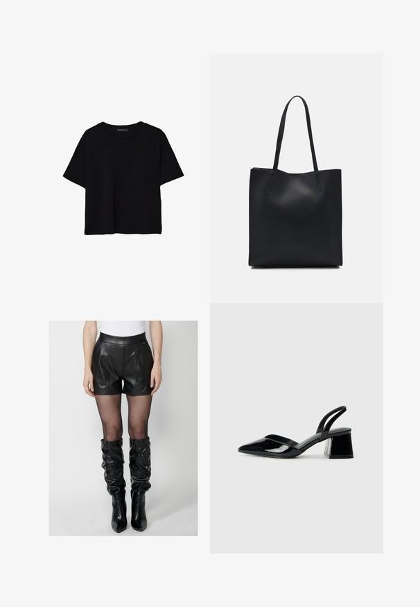 Čierne tričko s krátkym rukávom vyrobené z bavlny. Má okrúhly výstrih a voľný strih s hladkou, jednofarebnou textúrou. Žiadne viditeľné vzory ani akcenty.; Koroshi Šortky - black; Čierne lakované kožené sandálové podpätky s špicatou špičkou a geometrickým blokovým podpätkom. Disponujú elegantným, minimalistickým dizajnom a hladkým povrchom.; Čierna kožená taška na rameno s hladkým povrchom, obdĺžnikovým tvarom a dvoma dlhými uchami. Bez viditeľného kovania alebo ozdôb.