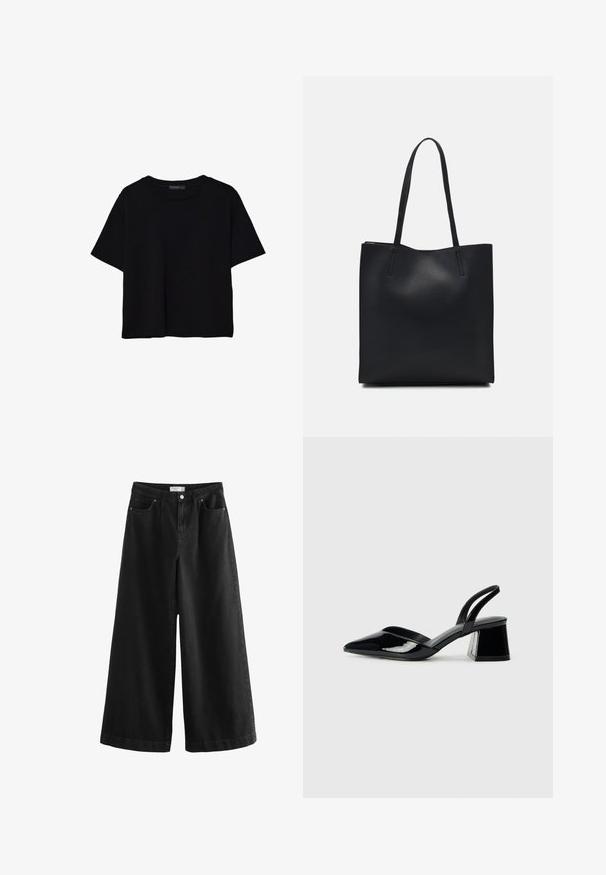 Černé tričko s krátkým rukávem vyrobené z bavlny. Má kulatý výstřih a volný střih s hladkým, jednobarevným povrchem. Bez viditelných vzorů nebo akcentů.; Černé volné džíny z denimové látky, s vysokým pasem, pěti kapsami a čistým provedením. Tkanina má hladkou texturu a minimální akcenty.; Černé lakované kožené lodičky na pásku s špičatou špičkou a geometrickým blokovým podpatkem. Vyznačují se elegantním, minimalistickým designem a hladkým povrchem.; Černá kožená taška přes rameno s hladkým povrchem, obdélníkovým tvarem a dvěma dlouhými uchy. Žádné viditelné kování ani ozdoby.