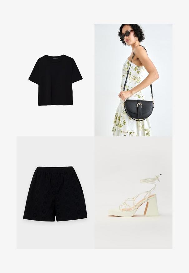 Černé tričko s krátkým rukávem vyrobené z bavlny. Má kulatý výstřih a volný střih s hladkým, jednobarevným povrchem. Bez viditelných vzorů nebo akcentů.; Černé bavlněné šortky s elastickým páskem, s květinovým výstřihem a volným střihem, textura vypadá měkce a lehce.; Bílé sandály na vysokém podpatku s robustním podpatkem, s designem s pásky a zavazováním kolem kotníku. Hladký povrch s platformou vpředu pro zvýšení výšky.; Černá kožená kabelka s křivkovým tvarem, odnímatelným popruhem a zlatými detaily. Kabelka má klopu s přezkou.
