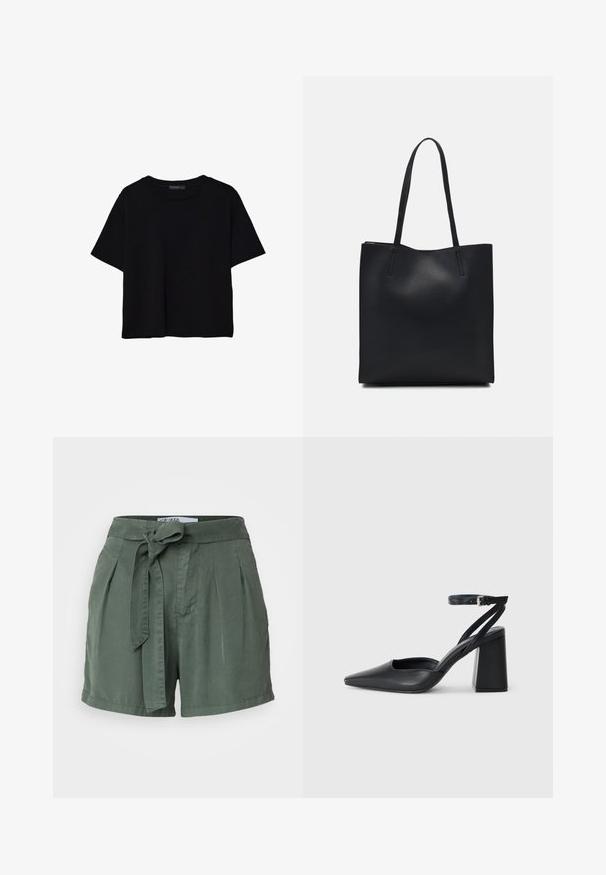 Čierne tričko s krátkym rukávom vyrobené z bavlny. Má okrúhly výstrih a voľný strih s hladkou, jednofarebnou textúrou. Žiadne viditeľné vzory ani akcenty.; Zelené, vysoké šortky vyrobené z mäkkého materiálu s uviazaným opaskom, skladaným predným dielom a bočnými vreckami. Strih prispôsobený s uvoľneným strihom.; Čierne kožené lodičky s špicatou špičkou a členkovým remienkom, s masívnym podpätkom. Hladký povrch, elegantný dizajn a minimalistická estetika.; Čierna kožená taška na rameno s hladkým povrchom, obdĺžnikovým tvarom a dvoma dlhými uchami. Bez viditeľného kovania alebo ozdôb.