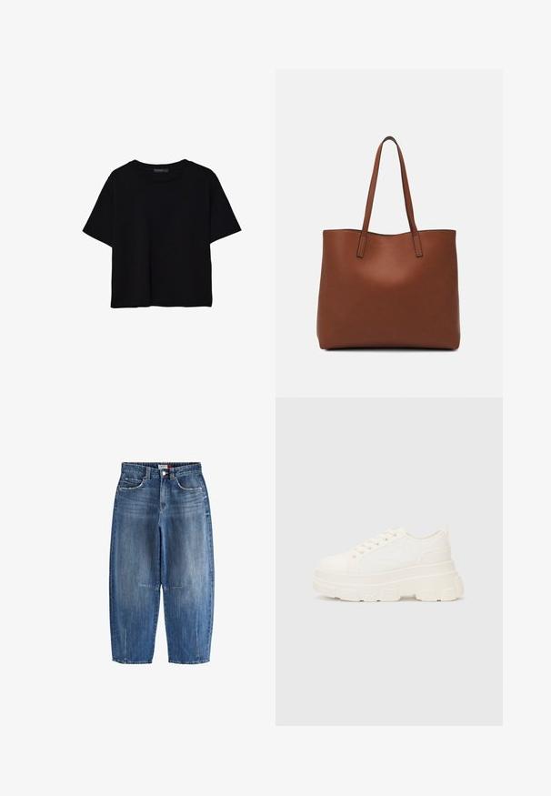 Mustat lyhyet hihavat t-paidat, jotka on valmistettu puuvillasta. Ominaisuuksiin kuuluu pyöreä kaula-aukko ja löysä istuvuus sekä sileä, yksinkertainen pinta. Ei näkyviä kuvioita tai koristeita.; Denim-farkut keskisinisessä, joissa on korkea vyötärö, lyhyt leveä lahje, etutaskut ja näkyvät tikkaukset.; Valkoinen kangaskenkä paksulla pohjalla, pyöreällä kärjellä ja viidellä nauhakuutiolla. Takareunan vipu helpottaa pukemista. Sileä pinta, minimalistinen muotoilu.; Ruskea nahkainen olkalaukku, jossa on sileä pinta, avoin yläosa ja kaksi olkahihnaa. Omaavat vain minimaalisen ompelun eikä näkyvää metalliosaa.