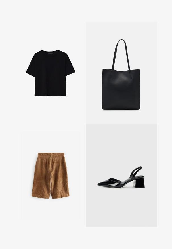 Czarna koszulka z krótkim rękawem wykonana z bawełny. Posiada okrągły dekolt i luźny krój z gładką, jednolitą teksturą. Brak widocznych wzorów lub akcentów.; Brązowe szorty z zamszu o luźnym kroju, z subtelnymi detalami szwów i średnio wysokim stanem. Gładka tekstura bez widocznych elementów metalowych.; Czarne lakierowane półbuty na obcasie z wydłużonym noskiem i geometrycznym słupkiem. Charakteryzują się eleganckim, minimalistycznym designem oraz gładką fakturą.; Czarna skórzana torba tote o gładkiej fakturze, prostokątnym kształcie i dwóch długich uchwytach. Brak widocznych elementów metalowych i ozdób.