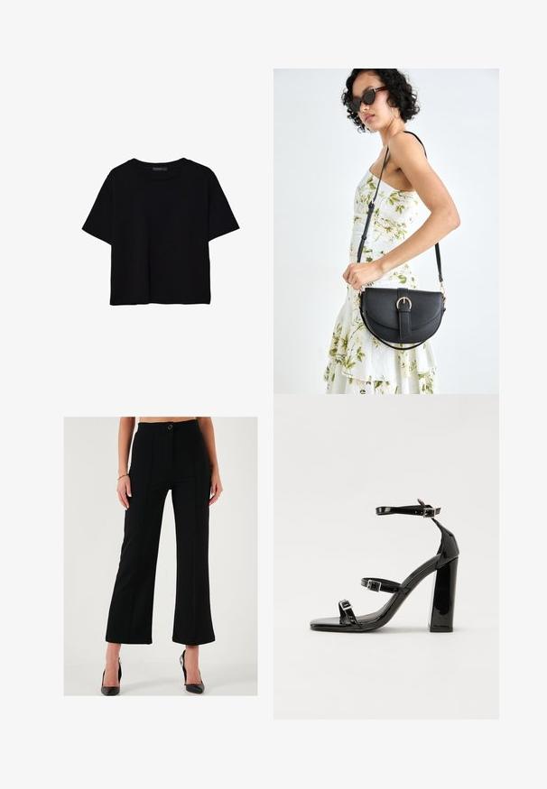 Črna kratkotrajna majica brez rokavov iz bombaža. Ima okroglo ovratnico in sproščen kroj z gladko, enostavno teksturo. Brez vidnih vzorcev ali dodatkov.; Črne široke hlače z visokim pasom, sprednjim gumbom in šivanim detajlom. Narejene iz gladkega, strukturiranega materiala.; Črne lakirane sandale s peto, kvadratnim prstom, trakovi okrog gležnja in srebrnimi zaponkami. Opremljene so s stabilno Debelo peto.; Črna usnjena torbica s ukrivljeno obliko, z odstranljivo naramnico in zlatimi dodatki. Torbica ima pokrov s podrobnostmi v obliki zaponke.