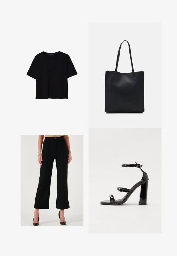 Crna majica kratkih rukava od pamuka. Ima okrugli izrez i labav kroj s glatkom, jednoličnom teksturom. Nema vidljivih uzoraka ili akcenta.; Crne široke hlače s visokim strukom, prednjim kopčanjem na gumb i šavnim detaljima. Izrađene su od glatkog, čvrstog materijala.; Crne lakirane sandale na pete sa kvadratnim nosom, trakama oko gležnja i srebrnim kopčama. Imaju čvrst blok petu za stabilnost.; Crna kožna torba za nošenje s glatkom teksturom, pravokutnim oblikom i dvije duge ručke. Nema vidljivih metalnih dijelova ili ukrasa.