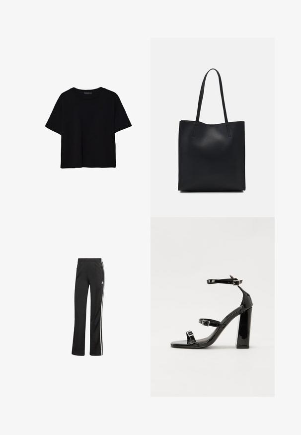 Čierne tričko s krátkym rukávom vyrobené z bavlny. Má okrúhly výstrih a voľný strih s hladkou, jednofarebnou textúrou. Žiadne viditeľné vzory ani akcenty.; Čierne športové nohavice so voľným strihom, ktoré majú biele bočné pruhy a elastický pás. Obsahujú malý logotyp na boku.; Čierne lakované sandále na podpätku so štvorcovou špičkou, navlečenými remienkami okolo členku a striebornými prackami. Disponujú masívnym blokovým podpätkom pre stabilitu.; Čierna kožená taška na rameno s hladkým povrchom, obdĺžnikovým tvarom a dvoma dlhými uchami. Bez viditeľného kovania alebo ozdôb.