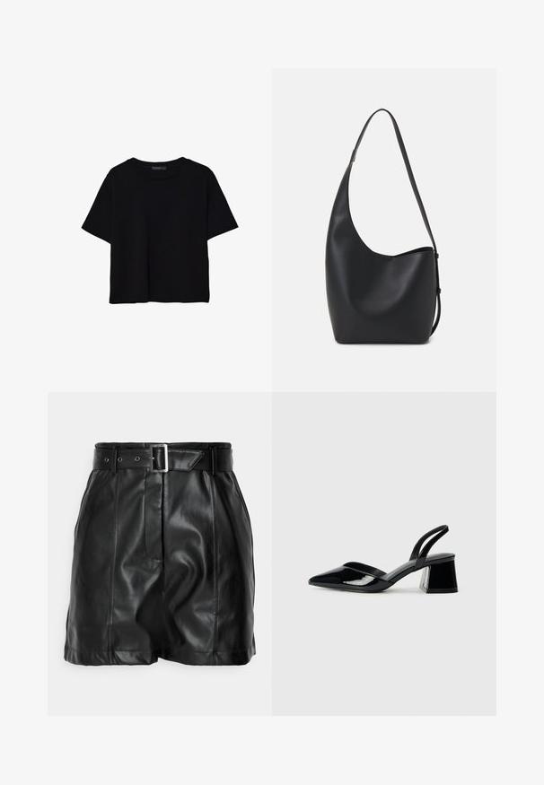 Čierne tričko s krátkym rukávom vyrobené z bavlny. Má okrúhly výstrih a voľný strih s hladkou, jednofarebnou textúrou. Žiadne viditeľné vzory ani akcenty.; Čierne kožené šortky s hladkým povrchom, vysokým pásom a širokým opaskom s obdĺžnikovou striebornou sponou. Na prednej strane sú skladané.; Čierne lakované kožené sandálové podpätky s špicatou špičkou a geometrickým blokovým podpätkom. Disponujú elegantným, minimalistickým dizajnom a hladkým povrchom.; Čierna kožená hobo taška so hladkou textúrou, zakriveným tvarom a jedným nastaviteľným popruhom; má široké otvorenie na vrchu.