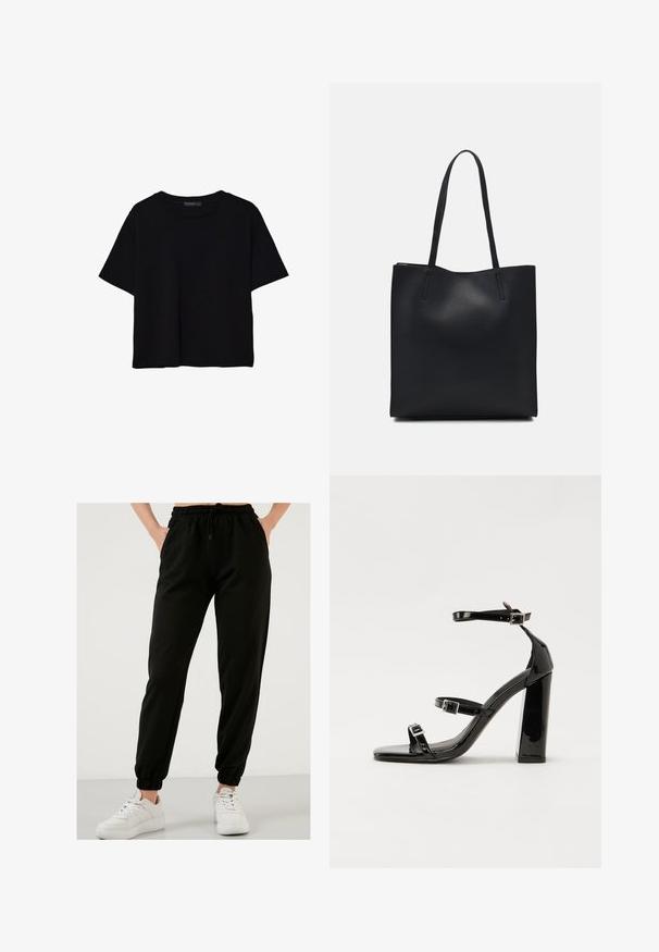 Čierne tričko s krátkym rukávom vyrobené z bavlny. Má okrúhly výstrih a voľný strih s hladkou, jednofarebnou textúrou. Žiadne viditeľné vzory ani akcenty.; Čierne tepláky vyrobené z mäkkej zmesi bavlny, s elastickým pásom, bočnými vreckami a zúženými členkami. Kombinované s bielymi teniskami.; Čierne lakované sandále na podpätku so štvorcovou špičkou, navlečenými remienkami okolo členku a striebornými prackami. Disponujú masívnym blokovým podpätkom pre stabilitu.; Čierna kožená taška na rameno s hladkým povrchom, obdĺžnikovým tvarom a dvoma dlhými uchami. Bez viditeľného kovania alebo ozdôb.