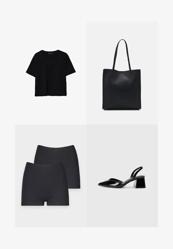 Sort kortærmet T-shirt lavet af bomuld. Har rund hals og en løs pasform med en glat, ensfarvet tekstur. Ingen synlige mønstre eller detaljer.; Even&Odd RIB TINY SHORTS 2 PACK - Shorts - black; Sorte patentlæder slingback hæle med spids tå og en geometrisk blok hæl. Har et elegant, minimalistisk design og en glat tekstur.; Sort læder tote taske med glat tekstur, rektangulær form og to lange hanke. Ingen synlig hardware eller udsmykninger.