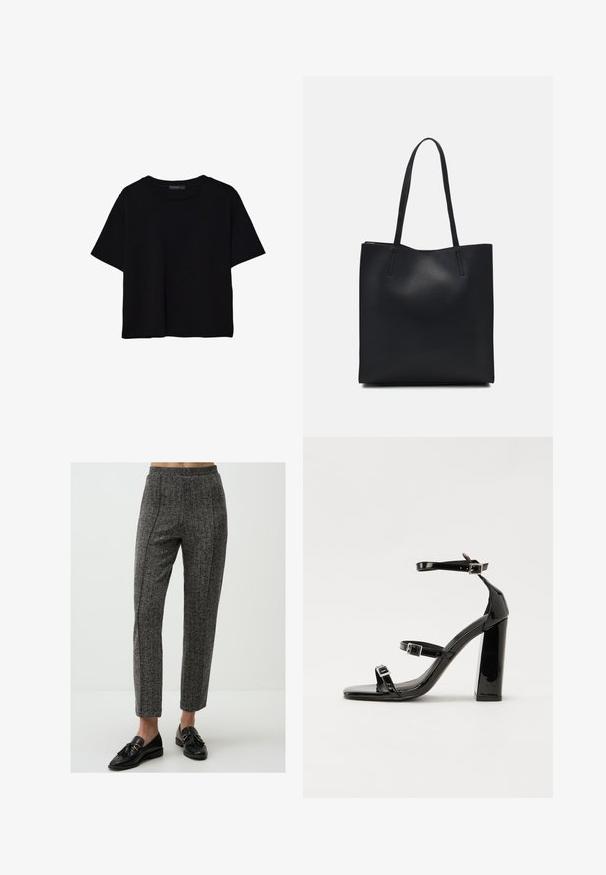 T-shirt noir à manches courtes en coton. Présente un col rond et une coupe ample avec une texture lisse et unie. Aucun motif ni accent visible.; Pantalon gris à motifs avec une texture lisse, doté d'une taille haute et d'une coupe droite, associé à des mocassins noirs.; Sandales à talons vernies noires avec un bout carré, des sangles autour de la cheville et des boucles en argent. Dotées d'un talon bloc épais pour plus de stabilité.; Sac fourre-tout en cuir noir avec une texture lisse, de forme rectangulaire et deux longues poignées. Pas de matériel ou d'ornementations visibles.