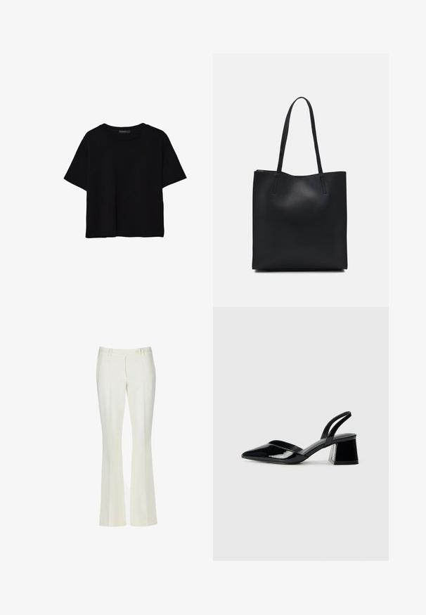 Črna kratkotrajna majica brez rokavov iz bombaža. Ima okroglo ovratnico in sproščen kroj z gladko, enostavno teksturo. Brez vidnih vzorcev ali dodatkov.; Bele široke hlače iz gladkega materiala. Imajo dva sprednja žepa in en sam sprednji gumb za zapiranje, z diskretnim črtastim detajlom.; Črne lakirane slingback pete s koničastim nosom in geometrijsko blokasto peto. Imajo eleganten, minimalističen dizajn in gladko teksturo.; Črna usnjena torba s svilnato teksturo, pravokotne oblike in dvema dolgima ročajema. Brez vidnih metalnih delov ali okrasnih elementov.