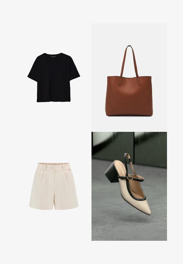 Černé tričko s krátkým rukávem vyrobené z bavlny. Má kulatý výstřih a volný střih s hladkým, jednobarevným povrchem. Bez viditelných vzorů nebo akcentů.; Béžové šité šortky s plisováním, předním zapínáním na knoflík a bočními kapsami. Vyrobeny z hladkého materiálu s čistým dokončením a jemným detailem značky.; Beige boty s špičatou špičkou a otevřenou patou, černými detaily, zlatou přezkou a silným blokovým podpatkem, na šedé podlaze s tmavě zeleným pozadím.; Hnědá kožená taška přes rameno s hladkou texturou, otevřeným designem a dvěma ramenními popruhy. Obsahuje minimální švy a žádné viditelné kovové prvky.