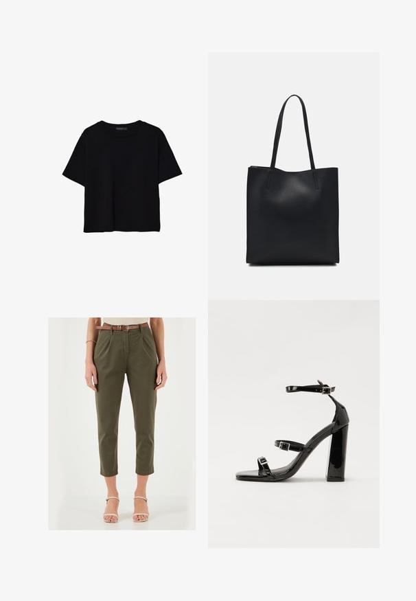 T-shirt nera a maniche corte in cotone. Presenta un collo rotondo e una vestibilità ampia con una texture liscia e uniforme. Nessun motivo o accento visibile.; Pantaloni tagliati verde oliva con pieghe, di lunghezza cropped e una cintura marrone. Il materiale sembra liscio; presenta tasche laterali e una vita aderente.; Sandali con tacco in vernice nera, con punta squadrata, cinturini alla caviglia e fibbie in argento. Presentano un tacco a blocco spesso per maggiore stabilità.; Borsa tote in pelle nera con texture liscia, forma rettangolare e due manici lunghi. Nessun hardware o decorazione visibile.