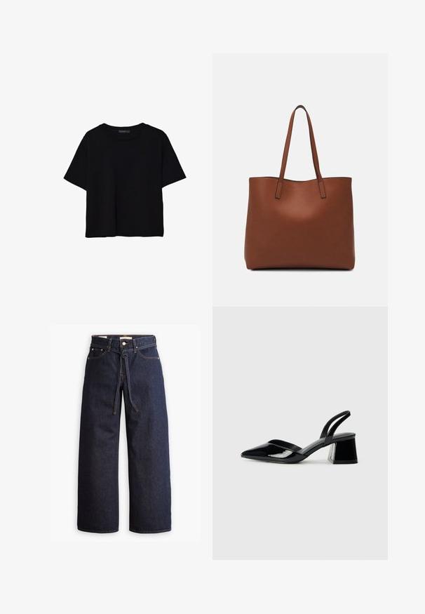 Zwart kortemouwen t-shirt van katoen. Heeft een ronde hals en een losse pasvorm met een gladde, egaal textuur. Geen zichtbare patronen of accenten.; Wijd pijpjes donkerblauwe denim jeans met een hoge taille, voorzien van een trekkoord, vijf zakken en contrasterende stiksels.; Zwarte gepatineerde leren slingback hakken met een spitse neus en een geometrische blokhak. Kenmerkt zich door een slank, minimalistisch ontwerp en een gladde textuur.; Bruine leren tote bag met een gladde textuur, een ontwerp met een open bovenkant en twee schouderbanden. Kenmerkt zich door minimale stiksels en geen zichtbare hardware.