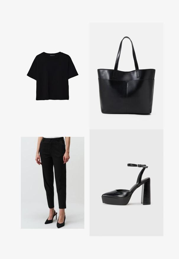 T-shirt nera a maniche corte in cotone. Presenta un collo rotondo e una vestibilità ampia con una texture liscia e uniforme. Nessun motivo o accento visibile.; Pantaloni neri tapered in cotone, con tasche anteriori, chiusura con bottone e una texture liscia, abbinati a tacchi neri a punta.; Tacchi a piattaforma neri con punta appuntita e cinturino regolabile alla caviglia. Realizzati in pelle liscia, presentano un tacco a blocco spesso.; Borsa a tracolla in pelle nera con due manici lunghi, una texture liscia e una forma strutturata. Presenta una tasca frontale per ulteriore spazio di archiviazione.