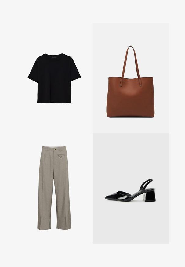 Schwarzes T-Shirt mit kurzen Ärmeln aus Baumwolle. Verfügt über einen runden Ausschnitt und einen lockeren Schnitt mit einer glatten, einfarbigen Textur. Keine sichtbaren Muster oder Akzente.; Weite Hose aus hellgrauem Stoff mit einem vorderen Knopfverschluss, zwei seitlichen Taschen und einer dekorativen, diamantförmigen Gesäßtasche.; Schwarze Lackleder-Slingback-High Heels mit spitzem Schuh und einem geometrischen Blockabsatz. Verfügt über ein schlankes, minimalistisches Design und eine glatte Textur.; Braune Leder-Tote mit glatter Textur, offenem Oberteil und zwei Schulterriemen. Verfügt über minimale Nähte und keine sichtbaren Beschläge.