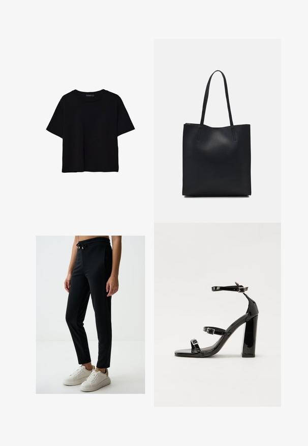 Schwarzes T-Shirt mit kurzen Ärmeln aus Baumwolle. Verfügt über einen runden Ausschnitt und einen lockeren Schnitt mit einer glatten, einfarbigen Textur. Keine sichtbaren Muster oder Akzente.; Schwarze Sporthose mit Kordelzugbund, enganliegendem Schnitt, glatter Textur und Seitentaschen, getragen mit weißen Turnschuhen.; Schwarze patentierte Sandalen mit Absatz, quadratischer Spitze, Knöchelriemen und silbernen Schnallen. Mit einem stabilen Blockabsatz für mehr Stabilität.; Schwarze Laptoptasche aus Leder mit glatter Textur, rechteckiger Form und zwei langen Griffen. Keine sichtbaren Beschläge oder Verzierungen.