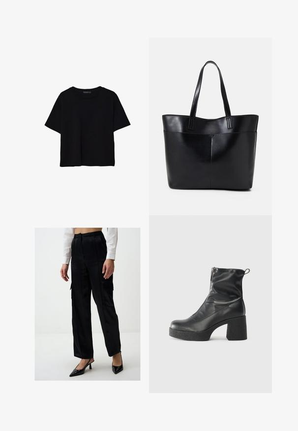 Schwarzes T-Shirt mit kurzen Ärmeln aus Baumwolle. Verfügt über einen runden Ausschnitt und einen lockeren Schnitt mit einer glatten, einfarbigen Textur. Keine sichtbaren Muster oder Akzente.; Schwarze Satin Cargo-Hosen mit lockerer Passform, ausgestattet mit Seitentaschen und einer glatten Textur. Kombiniert mit schwarzen Slingback-Pumps mit spitzem Zehenbereich.; Schwarze Stiefeletten aus glattem Leder mit seitlichem Reißverschluss, klobigem strukturiertem Absatz und runder Zehenform.; Schwarze Leder-Shopper-Tasche mit zwei langen Griffen, einer glatten Textur und einer strukturierten Form. Verfügt über eine Vordertasche für zusätzlichen Stauraum.
