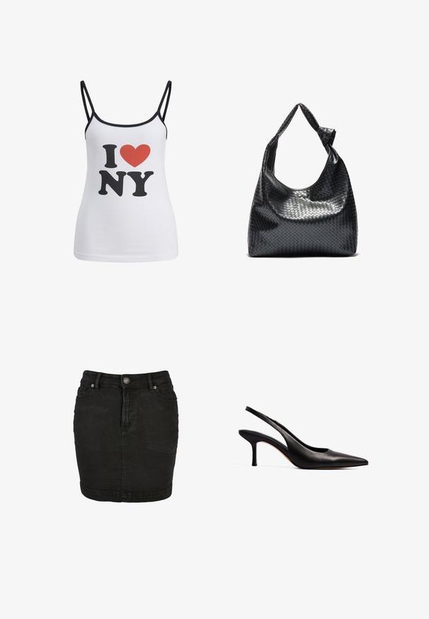 Canotta bianca con spalline nere sottili, presenta un grande testo nero "I" e "NY", e un'icona a forma di cuore rosso tra di essi.; Gonna di jeans nera con taglio dritto, design a cinque tasche, chiusura frontale con bottoni e leggera scoloritura per un aspetto strutturato.; NA-KD Decolleté - black; Borsa a mano in pelle intrecciata nera con un design morbido, dotata di una tracolla annodata e di un piccolo chiodo decorativo in oro nella parte superiore.