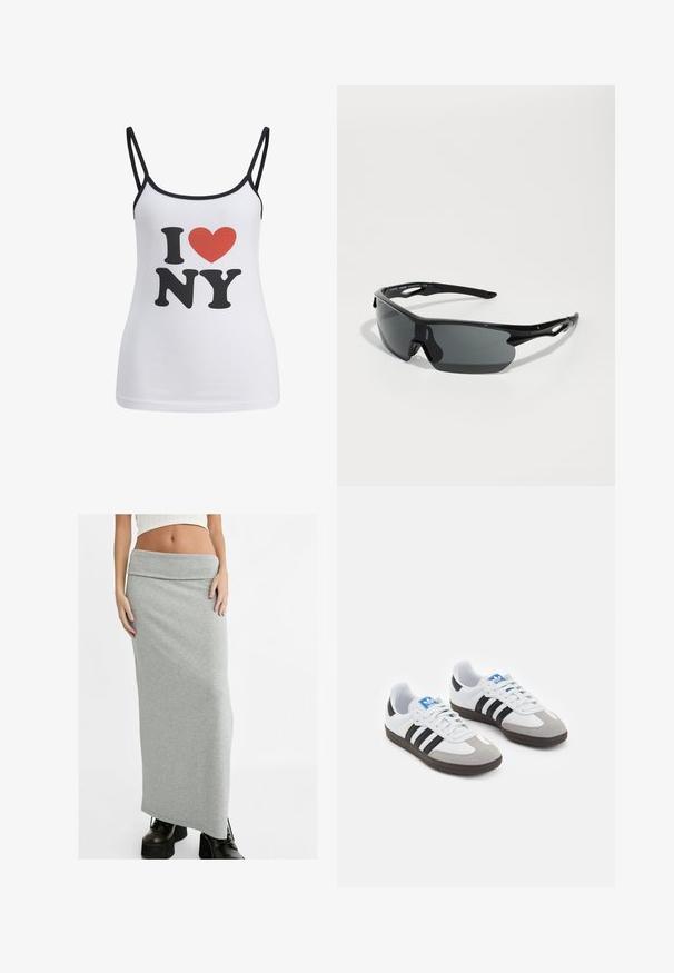Bijela majica bez rukava s tankim crnim trakama koja prikazuje veliki crni natpis "I" i "NY", te crveni grafički prikaz srca između njih.; Stradivarius FOLD OVER WAIST - Velika suknja - grey; Sportske cipele s gornjištem od bijele kože, sivi suedinasti nos i tri crne pruge. Imaju plavi logo na jeziku i teksturiranu gumenu podlogu.; Crne sportske sunčane naočale s zakrivljenim lećama, lagani plastični okvir i teksturirane sljepoočnice. Elegantni dizajn s integriranim nosačem.; Crna torba od pletene kože sa opuštenim dizajnom, koja ima čvorasti remen i mali dekorativni zlatni čavlić na vrhu.