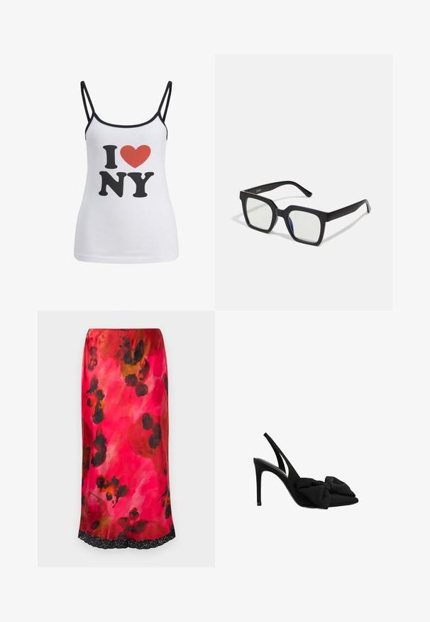 Bela majica brez rokavov s tankimi črnimi naramnicami, ki prikazuje veliko črno črko "I" in "NY", ter rdeče srce med njima.; Satin midi krilo s roza akvarelnim cvetličnim vzorcem in črnimi detajli ter čipkastim robom. Gladka tekstura, prilagojena silhueta.; Črne slingback visoke pete iz gladkega blaga s konicami na prstih in podrobnostjo iz blaga v obliki mašne spredaj. Ozka stileto peta.; Črne sončne očala s mat končno obdelavo, ki imajo prozorne leče z rahlo modrim odtenkom na eni strani. Močna, angleska zasnova.; Črna usnjena torbica s ukrivljenim dizajnom, ki vsebuje srebrne žebljičke, zaponko in dve stranski žepki. Nastavljiv trak za različne možnosti nošenja.