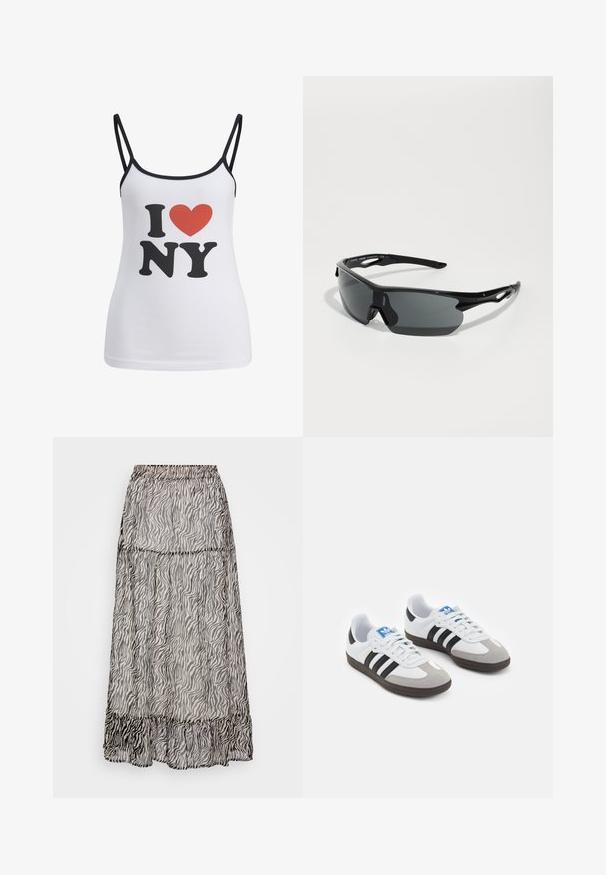 Camisola branca sem mangas com finas alças pretas, apresentando um grande "I" e o texto "NY" em preto, e um gráfico de um coração vermelho entre eles.; Saia longa e transparente com padrão de riscas de zebra em preto e cinza. Cintura elástica com bainha ondulada na parte inferior. Tecido leve.; Ténis desportivos com um cabedal em pele branca, biqueira em camurça cinza e três riscas pretas. Apresenta um logo azul na língua e uma sola de borracha texturizada.; Óculos de sol desportivos negros com lentes curvadas, armação leve em plástico e templos texturizados. Design elegante com suporte para o nariz integrado.; Bolsa de mão em pele trançada preta com um design descontraído, apresentando uma alça knotted e um pequeno pino dourado decorativo na parte superior.