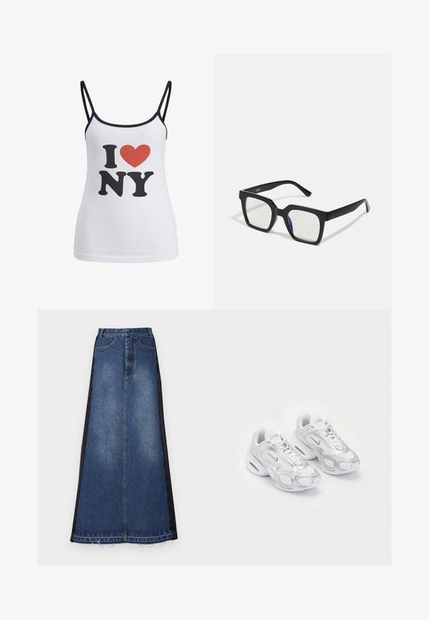 Top alb cu bretele subțiri negre, având un mare text negru "I" și "NY", și un grafic roșu în formă de inimă între acestea.; Fustă maxi din denim, cu un corp principal albastru și panouri laterale negre, cu croi drept, margine desfăcută și design clasic cu cinci buzunare.; Adidași albi sport cu un superior din plasă și accente argintii, cu o formă unică și amortizare cu aer în călcâi. Design cu șireturi și logo.; Ochelari de soare negri cu un finisaj mat, având lentile transparente și o ușoară nuanță albastră pe o parte. Design robust și unghiular.