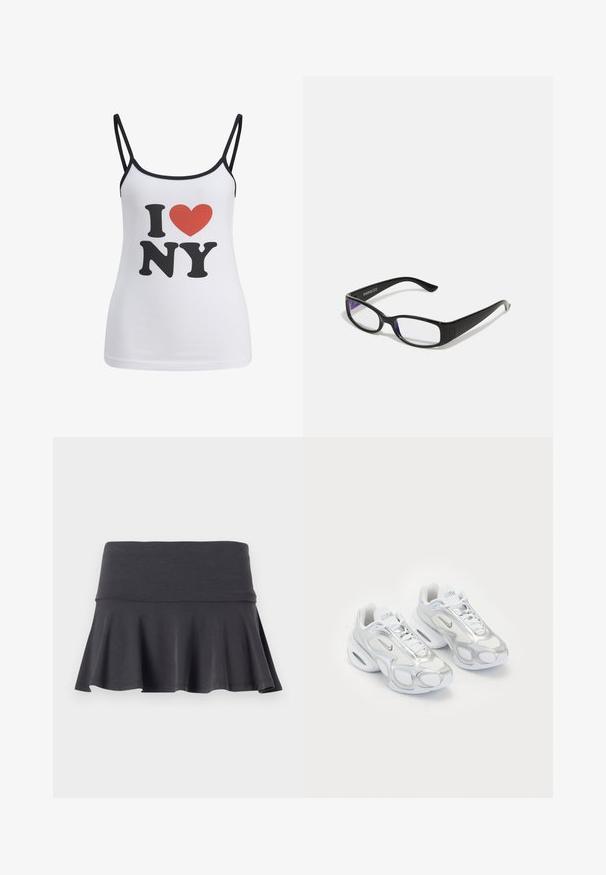 White tank top with thin black straps featuring a large black "I" and "NY" text, and a red heart graphic between them.; Gray flared skirt made from soft fabric with a fitted waistband. The hemline adds a gentle flare, enhancing movement and comfort.; White athletic shoes featuring a mesh upper with silver accents, a unique shape, and air cushioning in the heel. Laced design with logo.; Black rectangular glasses with clear lenses. Glossy finish, narrow arms, and purple tint visible at the edges of the lenses.