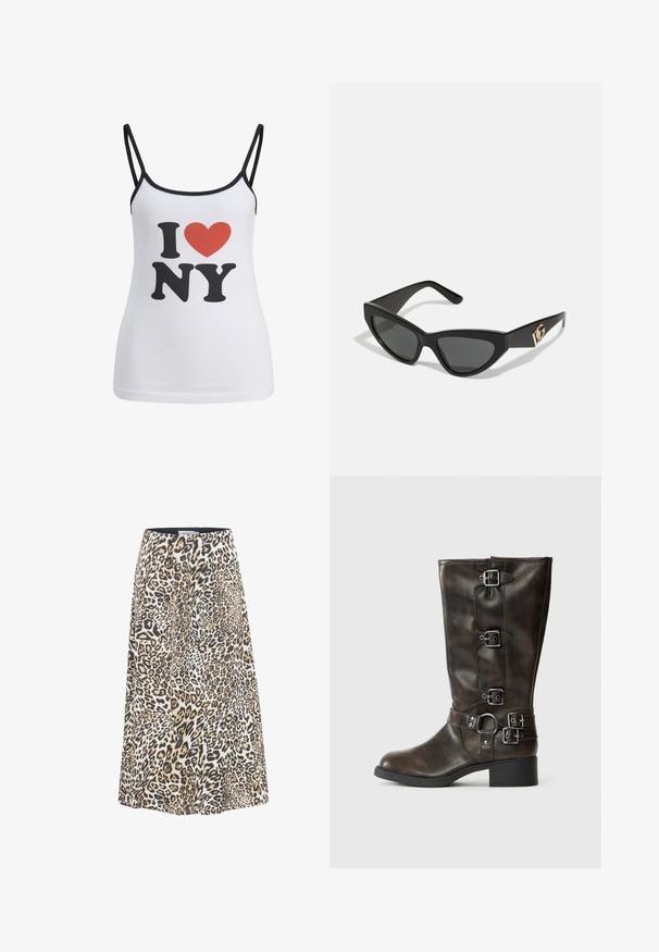 Débardeur blanc avec de fines bretelles noires, comportant un grand "I" noir et le texte "NY", ainsi qu'un cœur rouge graphique entre les deux.; Jupe à imprimé léopard avec une coupe évasée, offrant des teintes de beige, noir et crème. Fabriquée en tissu léger et doux avec une taille élastique.; Bottes en cuir marron jusqu'aux genoux avec plusieurs boucles, un bout rond et un petit talon chunky. Présentent une finition texturée et des sangles ajustables.; Lunettes de soleil en œil de chat avec une monture en plastique noir mat, des verres foncés et un accent en or avec le logo sur la branche. Design angulaire et texture lisse.; Sac en cuir brun de type hobo avec un design décontracté et une texture lisse. Porté de manière décontractée par un modèle, il présente une grande ouverture et une forme arrondie.
