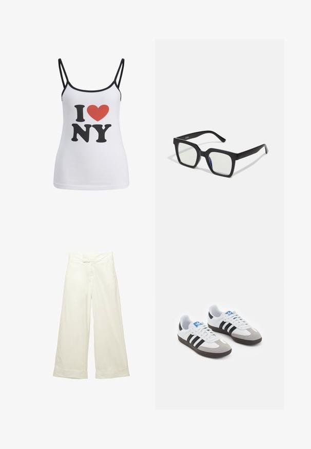 Weißes Tanktop mit dünnen schwarzen Trägern, das einen großen schwarzen "I" und "NY"-Text sowie ein rotes Herzgrafik dazwischen zeigt.; Weit geschnittene Hose aus weichem, cremefarbenem Stoff. Mit flachem Bund und aufgeschlagenen Säumen. Glatte Textur mit einem klaren, minimalistischen Design.; Sportschuhe mit einem Obermaterial aus weißem Leder, grauer Wildleder-Zehenkappe und drei schwarzen Streifen. Sie verfügen über ein blaues Logo auf der Zunge und eine strukturierte Gummisohle.; Schwarze quadratische Sonnenbrillen mit matter Oberfläche, die über transparente Gläser und einen leichten blauen Farbton auf einer Seite verfügen. Robustes, kantiges Design.
