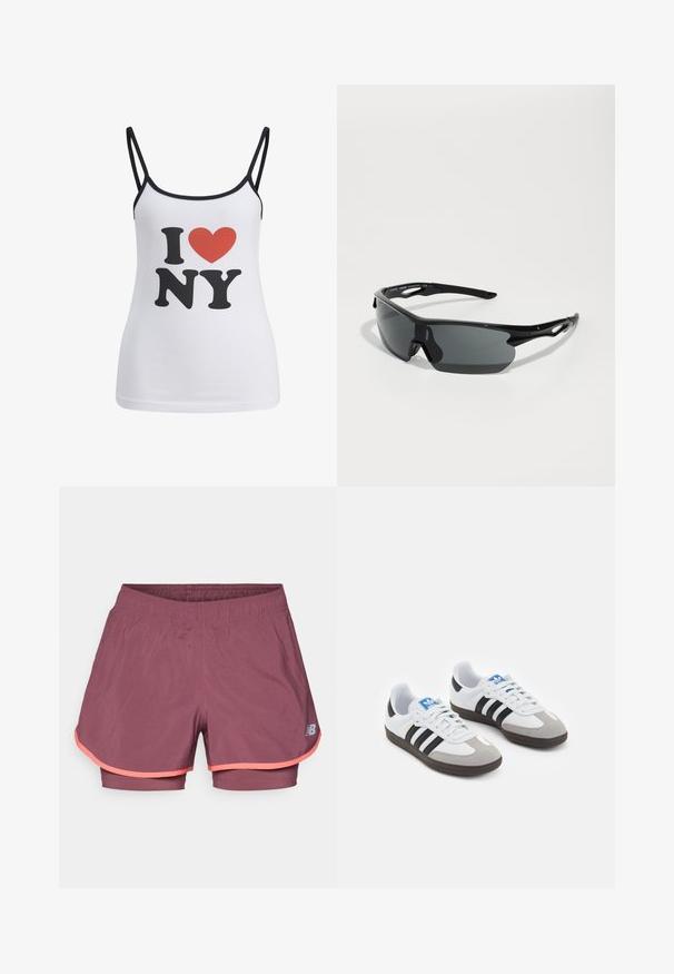Valge tank top õhukeste mustade rihmadega, millel on suur must "I" ja "NY" tekst ning nende vahele asetatud punane südame graafika.; Kerged, tumepunase sportlikud lühikesed püksid sisemise voodriga. Omab kontrastset roosa äärist ja elastset vööd mugavuse tagamiseks.; Spordijalatsid valge nahkpealsega, halli nubuk-naha otsaga ja kolme musta triibuga. Omab sinist logo keele peal ja struktureeritud kummitalda.; Mustad sportprillid, millel on kumerad läätsed, kerge plastikraam ja tekstuuriga tempel. Sile disain koos integreeritud ninaosaga.