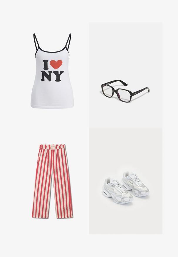 Débardeur blanc avec de fines bretelles noires, comportant un grand "I" noir et le texte "NY", ainsi qu'un cœur rouge graphique entre les deux.; Pantalons à larges tailles rayés rouges et blancs, avec une fermeture à bouton, des plis et des poches latérales. Fabriqués en un tissu léger.; Baskets de sport blanches avec une tige en mesh et des accents argentés, une forme unique et un amorti d'air au niveau du talon. Design à lacets avec logo.; Lunettes noires rectangulaires avec des verres transparents, présentant des bords arrondis et des accents sur les côtés, avec une finition brillante sur la monture et les branches.; Sac hobo en cuir noir au forme douce et arrondie. Il présente une large poignée supérieure et des fronces à la base pour une texture décontractée.