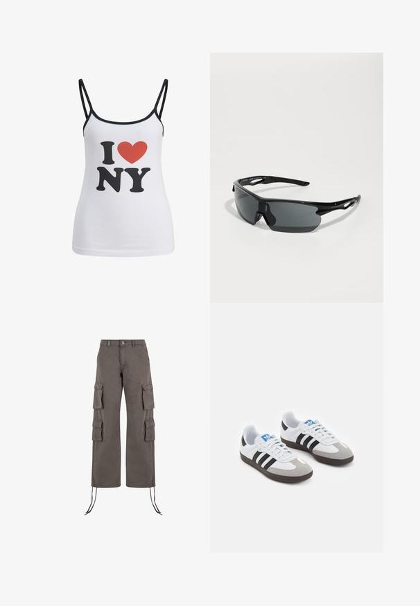 Fehér trikó vékony fekete pántokkal, amelyen nagy fekete "I" és "NY" feliratok találhatók, közöttük pedig egy piros szív grafika.; Sötétszürke cargo nadrág, tartós anyagból készült. Hat zsebbel, széles lábakkal és állítható zsinórral a szegélyen rendelkezik.; Fehér bőr felsőrészes sportcipő, szürke velúrból készült orral és három fekete csíkkal. Jellemzője a kék logó a nyelvén és egy texturált gumitalp.; Fekete sport napszemüveg ívelt lencsékkel, könnyű műanyag kerettel és texturált szárakkal. Elegáns dizájn integrált orrnyereggel.; Fekete szőtt bőr kézitáska laza dizájnnal, csomózott pánttal és egy kis díszes arany szegeccsel a tetején.
