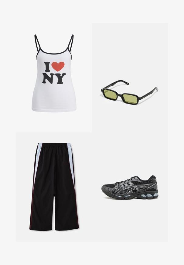 Weißes Tanktop mit dünnen schwarzen Trägern, das einen großen schwarzen "I" und "NY"-Text sowie ein rotes Herzgrafik dazwischen zeigt.; Schwarze Sporthose mit weitem Bein, die mit hellblauen und roten Seitenstreifen sowie einem kleinen "FENTY"-Logo vorne versehen ist.; Schwarze Sportschuhe mit Mesh-Obermaterial, silbernen Akzenten und gepolsterter Sohle. Verfügt über ein Schnürdesign und ein strukturiertes Profil für besseren Halt.; Schwarze Sonnenbrille mit angular Design, grünen, getönten Gläsern und glatten Kunststoffrahmen. Mit goldenen Akzenten an den Bügeln.; Grüne Lederhandtasche mit geraffter Struktur, goldener Kettendetail und Zugverschluss. Verfügt über eine minimalistische goldene Hardware-Akzent.