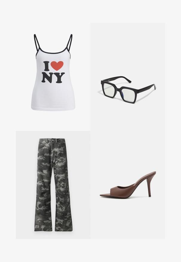 Débardeur blanc avec de fines bretelles noires, comportant un grand "I" noir et le texte "NY", ainsi qu'un cœur rouge graphique entre les deux.; Jean droit en denim noir et gris foncé à motif camouflage, avec fermeture à bouton et zip et poches avant.; Mules à talons hauts ouverts en cuir marron avec un design épuré, dotés d'une large sangle avant et d'un talon aiguille élancé.; Lunettes de soleil noires en forme carrée avec une finition mate, dotées de verres transparents et d'une légère teinte bleue sur un côté. Design robuste et angulaire.; Sac à main en cuir noir au design courbé, avec des clous en argent, une boucle et deux poches latérales. Bandoulière réglable pour différentes options de transport.